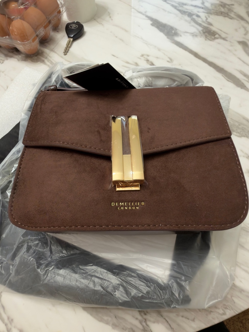 DeMellier Chocolate Brown Suede Crossbody with Gold Hardware